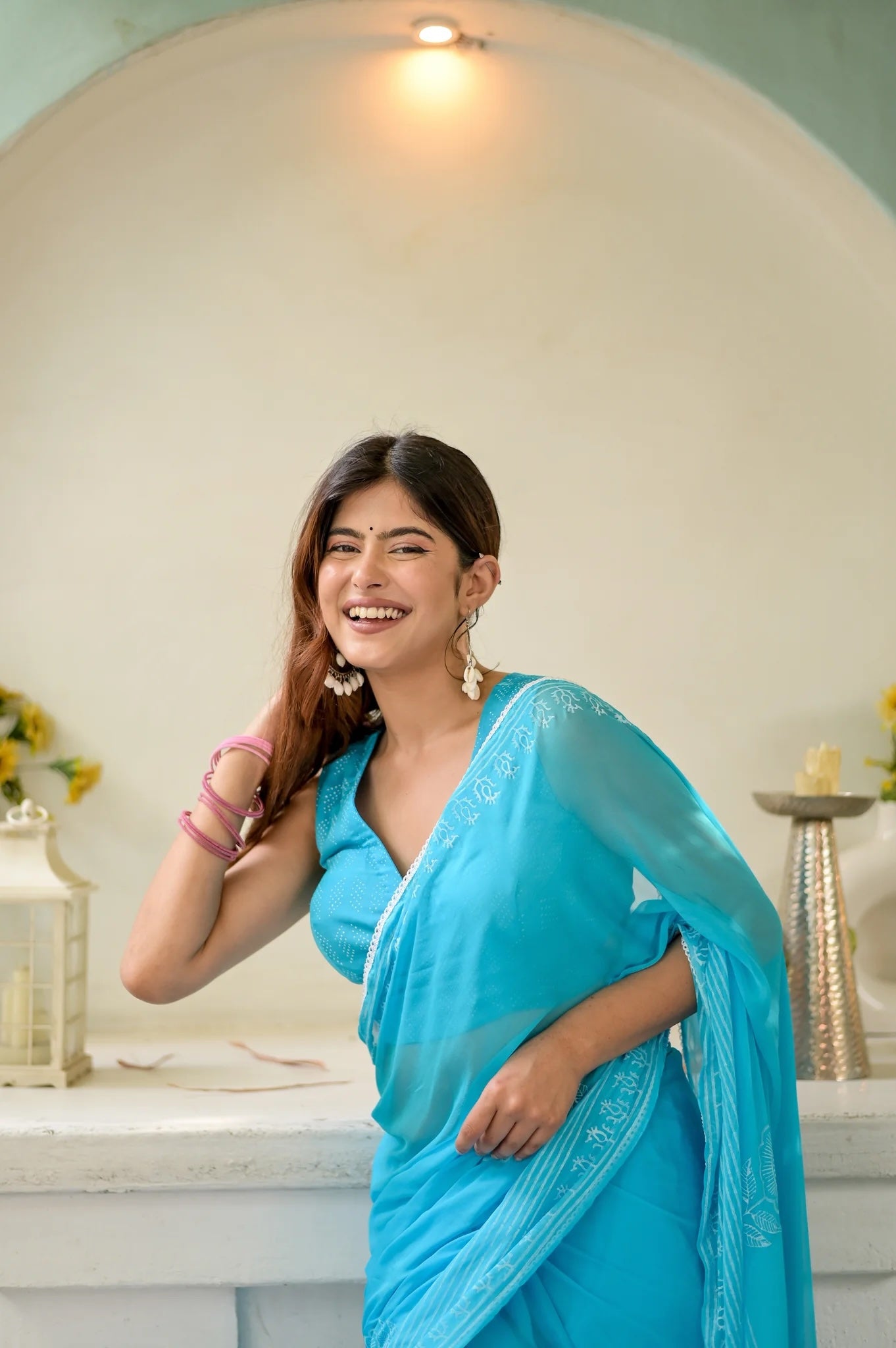 Tranquil Aqua Chiffon Aura Handblock Saree