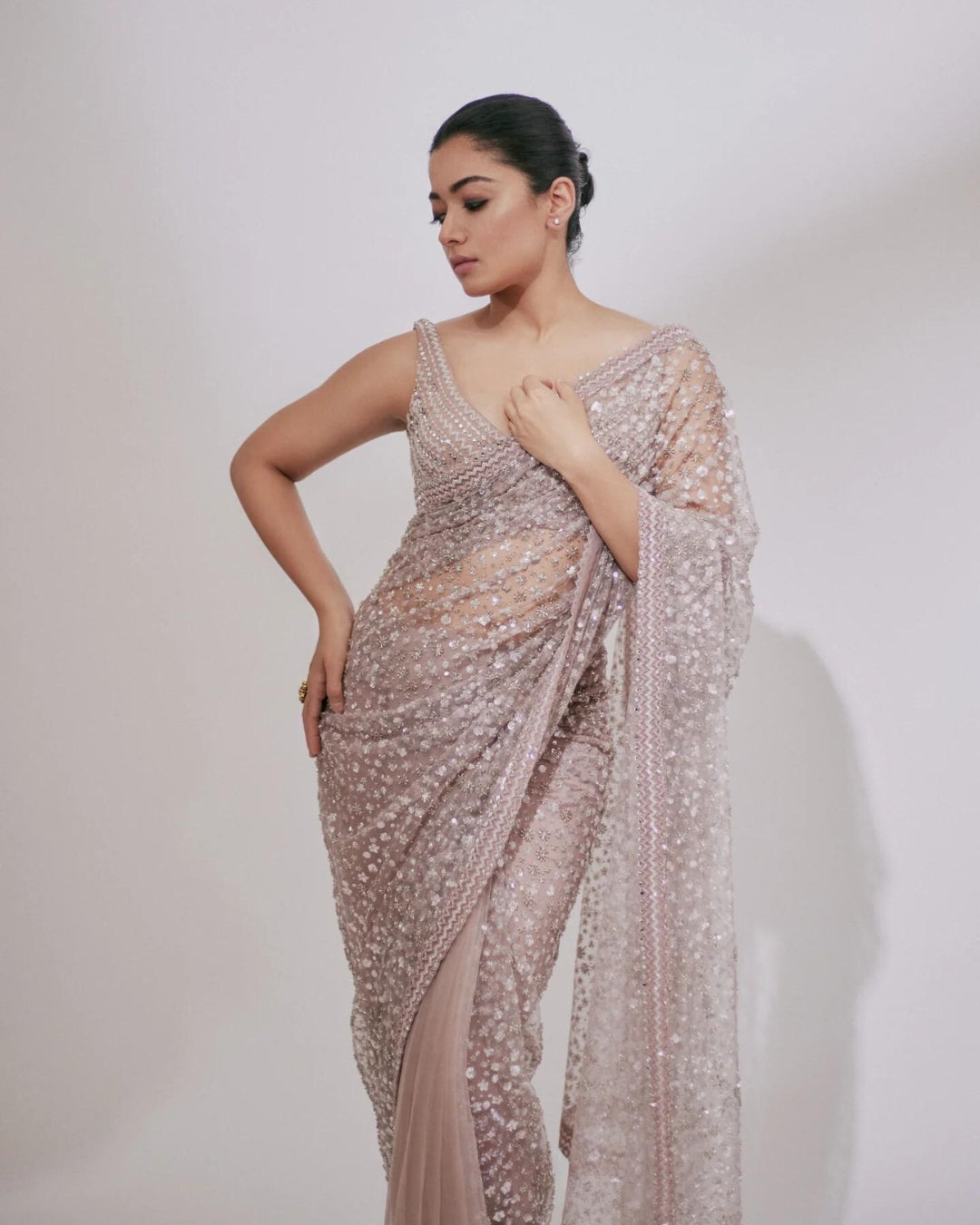 Rashmika Mandanna Blush Pink Sequins and Cutdana Saree | Elegant Ethnic Wear