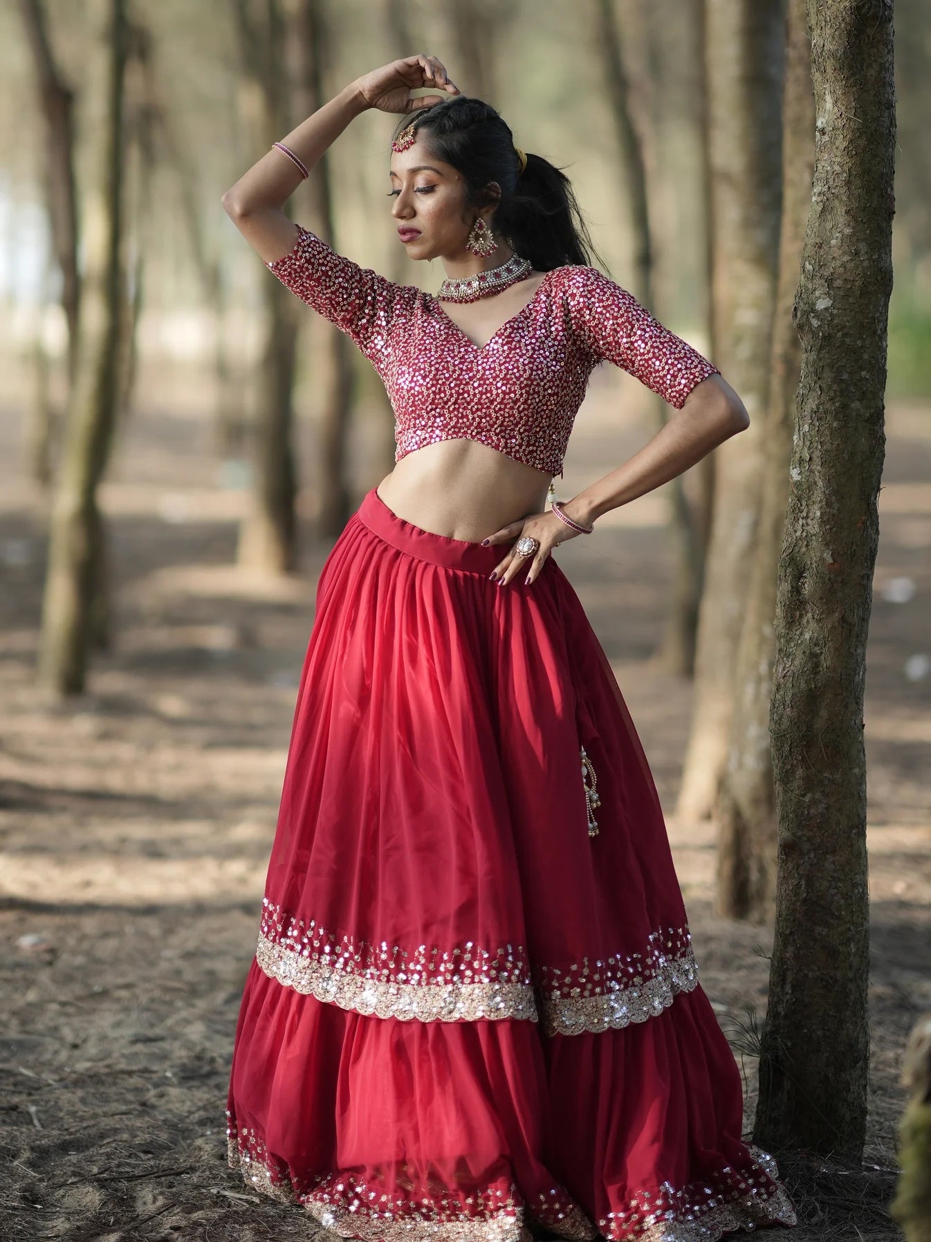 Stunning Red Sequins Georgette Wedding Lehenga Choli with Dupatta