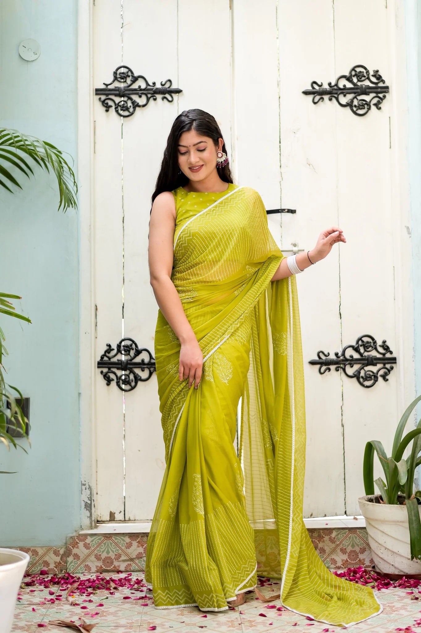 Pastel Spring Hues with Floral Motifs Handblock Chiffon Saree 