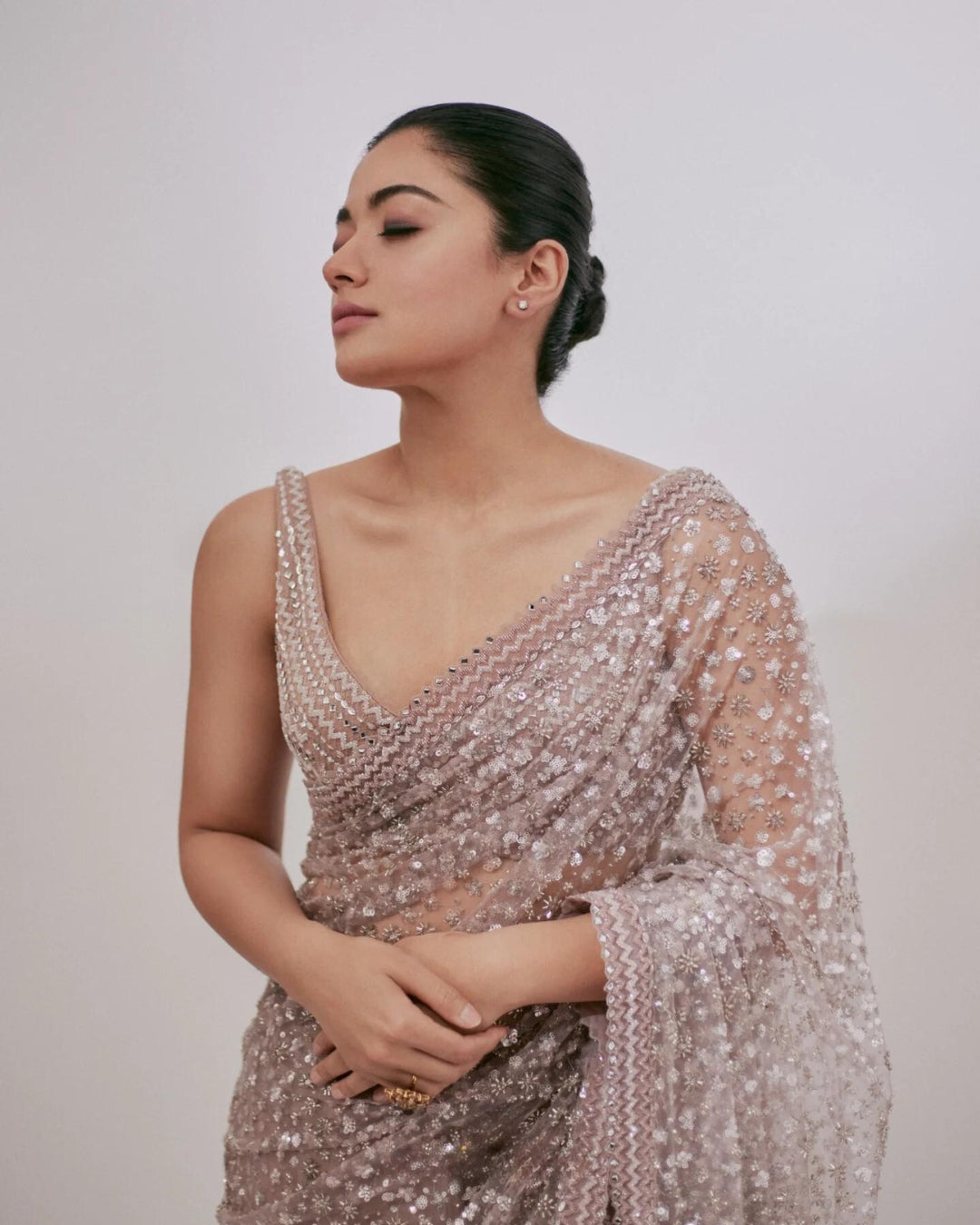 Rashmika Mandanna Blush Pink Sequins and Cutdana Saree | Elegant Ethnic Wear