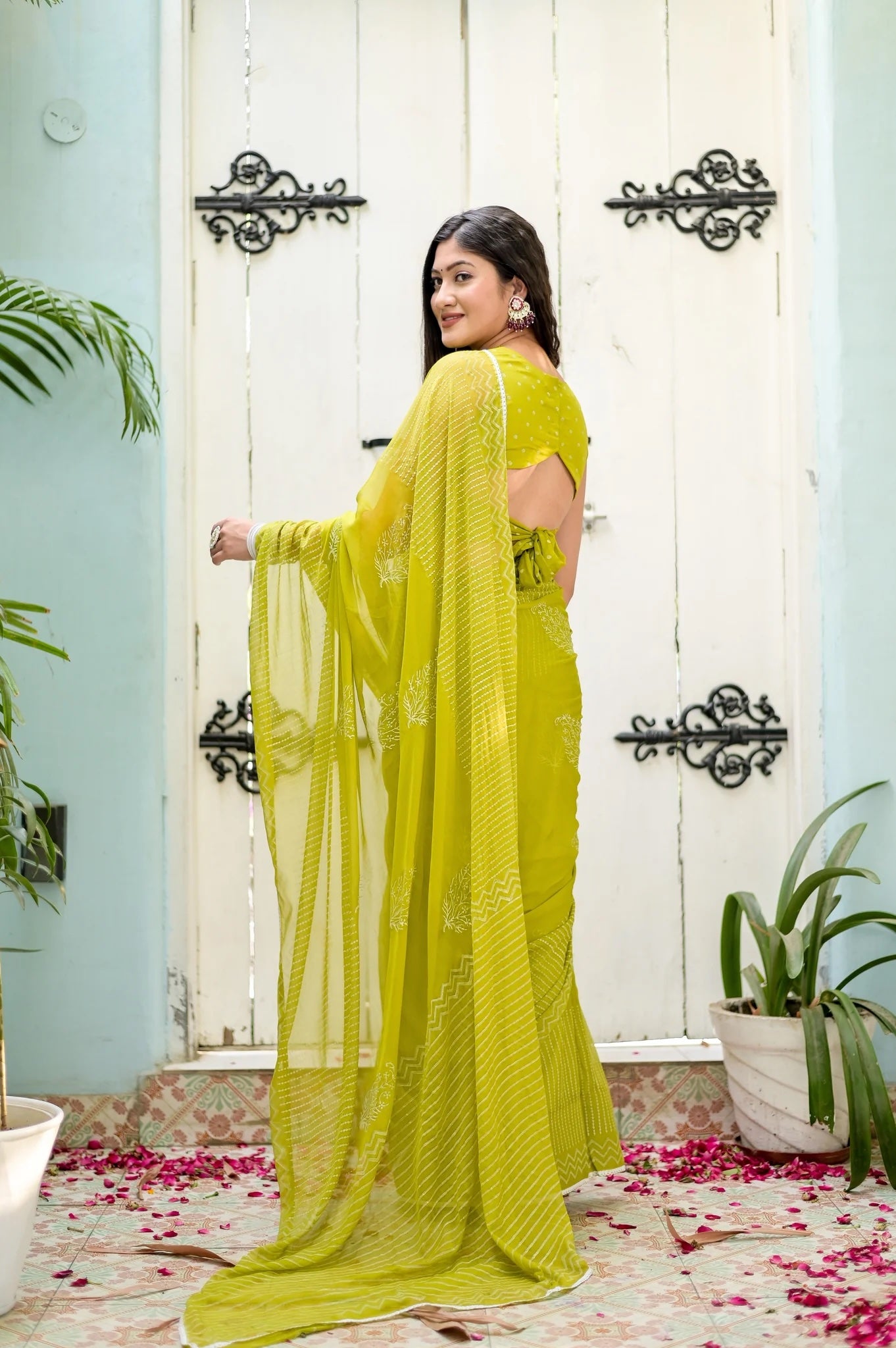 Pastel Spring Hues with Floral Motifs Handblock Chiffon Saree 