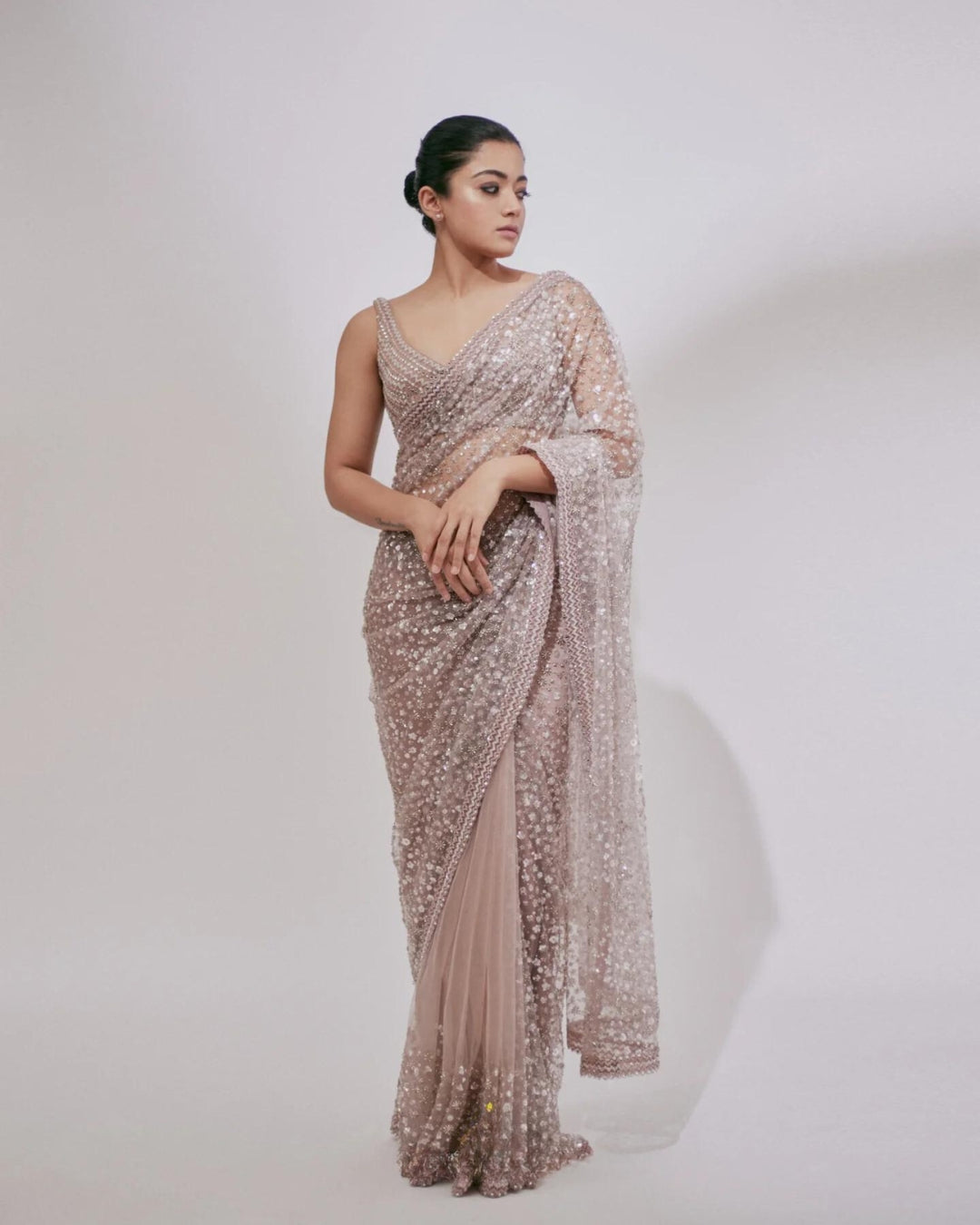 Rashmika Mandanna Blush Pink Sequins and Cutdana Saree | Elegant Ethnic Wear