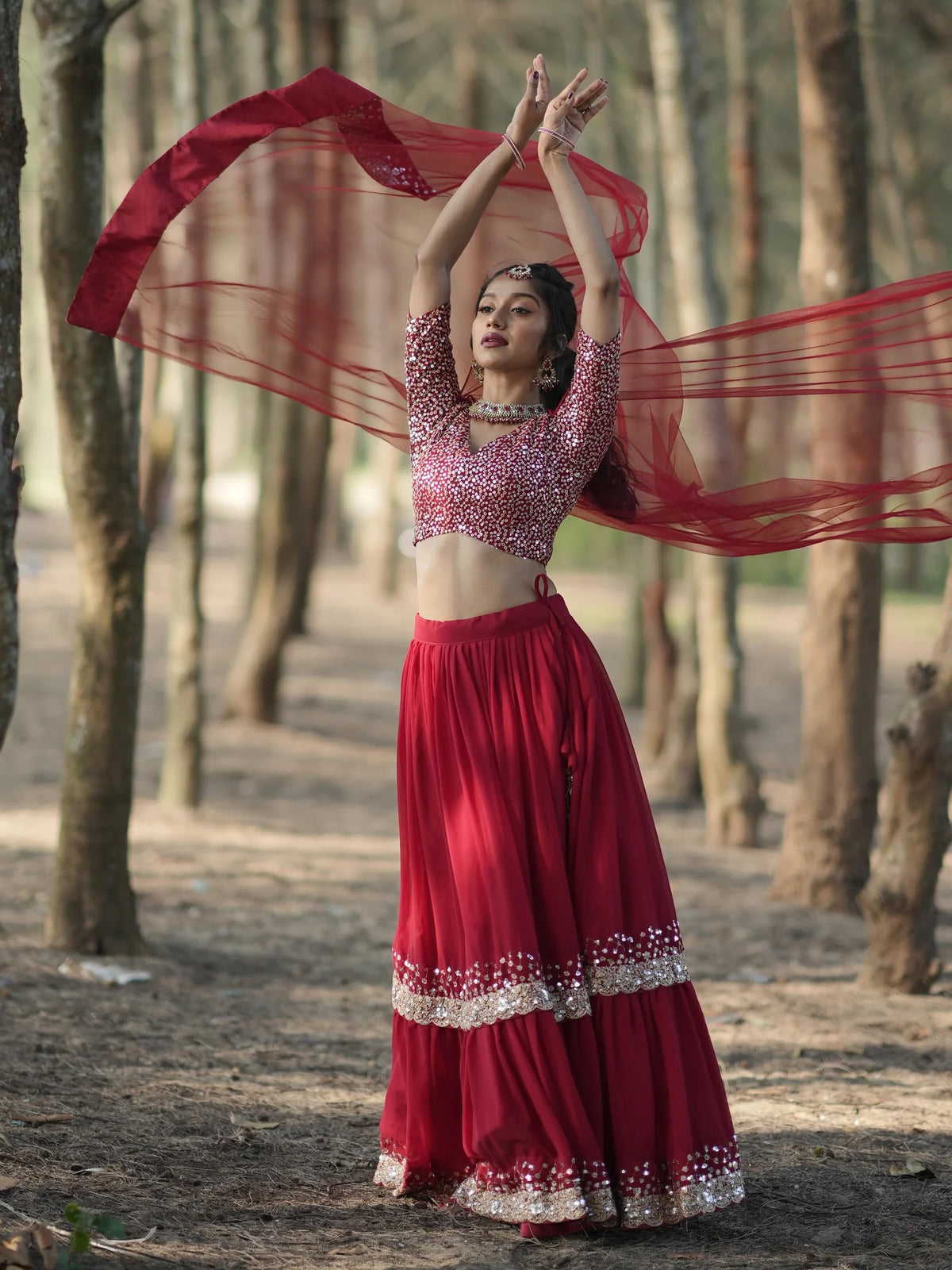 Stunning Red Sequins Georgette Wedding Lehenga Choli with Dupatta