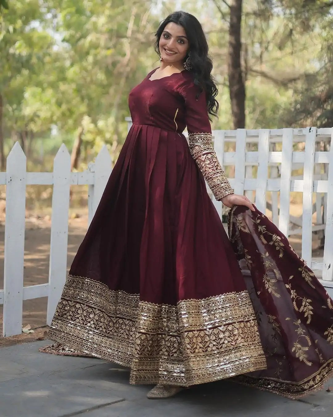 Superb Maroon Georgette Gown with Embroidery and Sequence