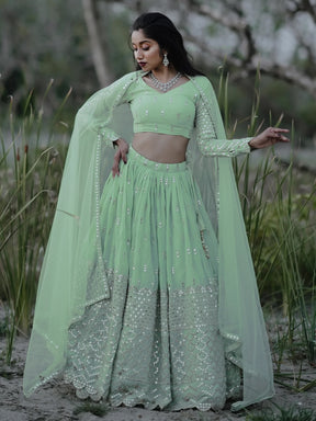 Cute Pastel Green Sequins Georgette Engagement Lehenga Choli