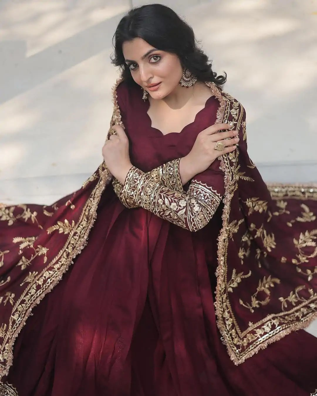 Superb Maroon Georgette Gown with Embroidery and Sequence