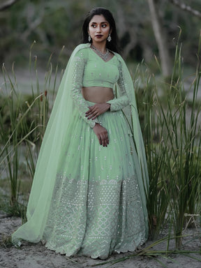 Cute Pastel Green Sequins Georgette Engagement Lehenga Choli