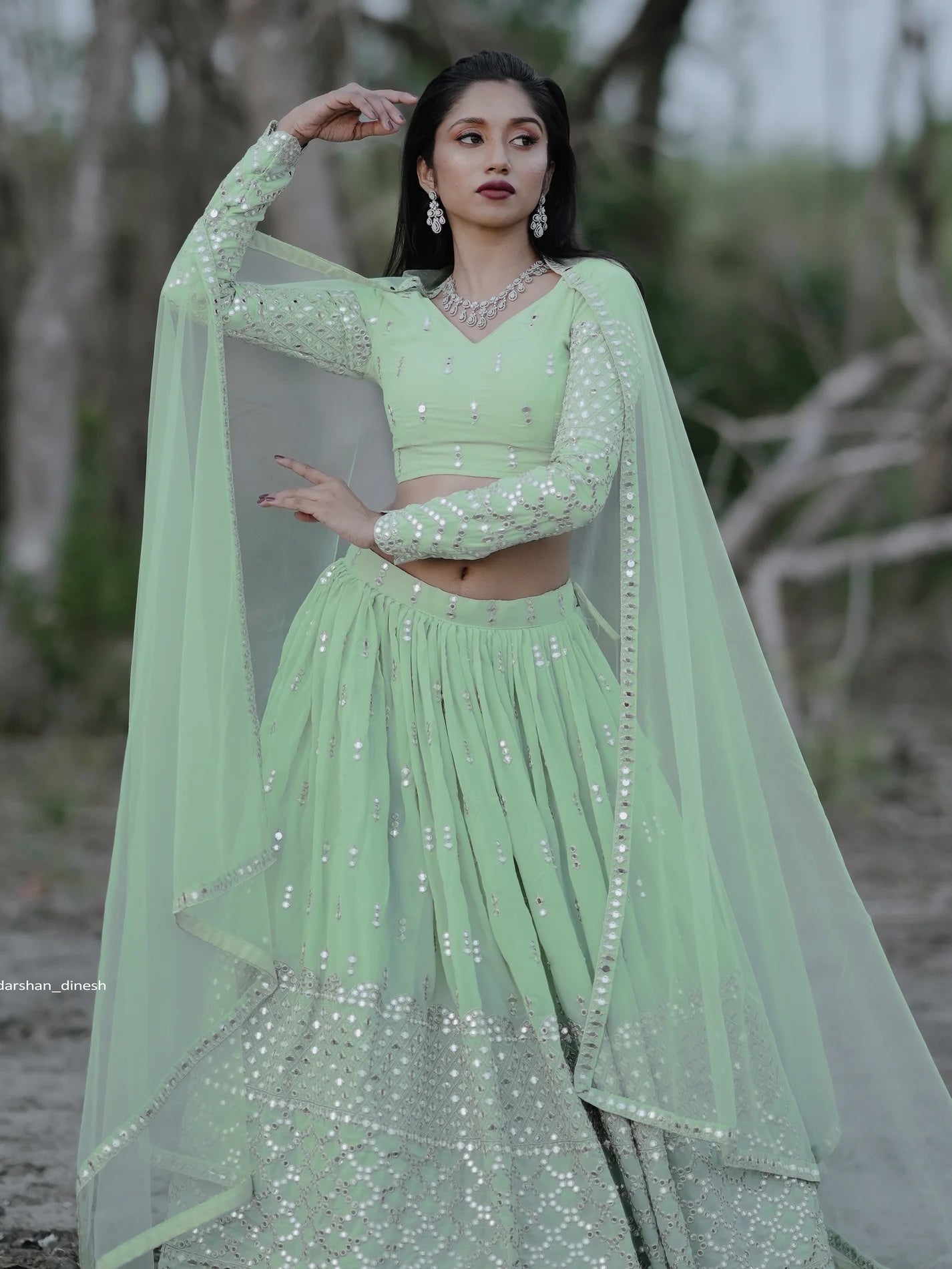 Cute Pastel Green Sequins Georgette Engagement Lehenga Choli