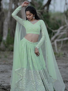 Cute Pastel Green Sequins Georgette Engagement Lehenga Choli