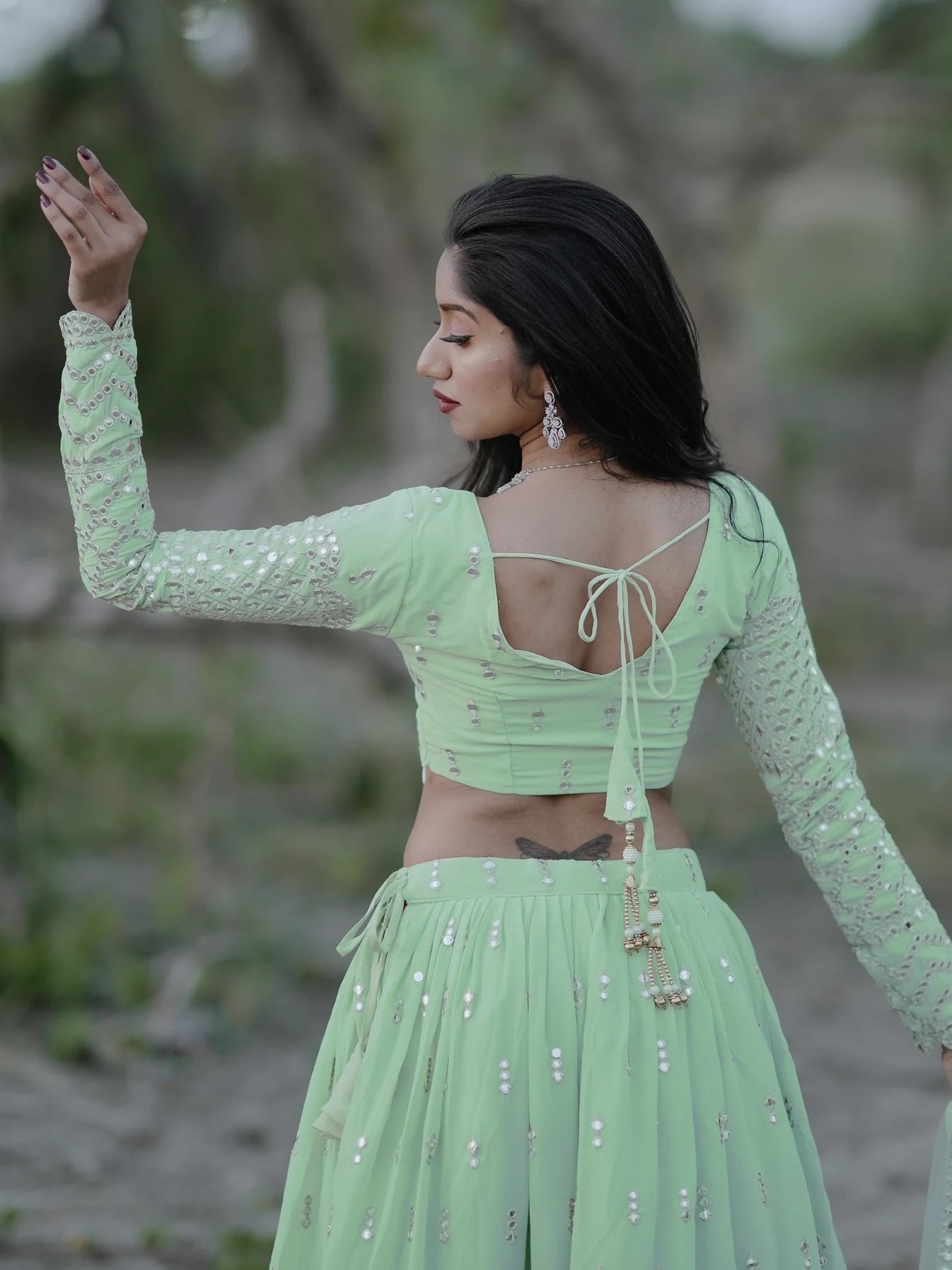 Cute Pastel Green Sequins Georgette Engagement Lehenga Choli