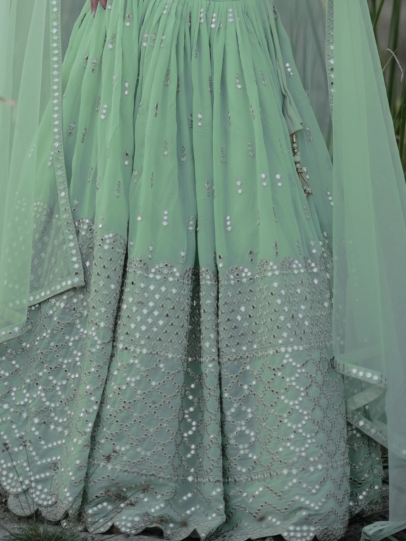 Cute Pastel Green Sequins Georgette Engagement Lehenga Choli