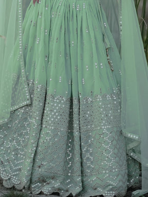 Cute Pastel Green Sequins Georgette Engagement Lehenga Choli