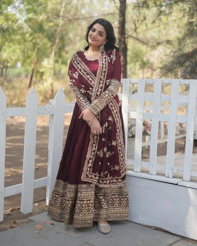 Superb Maroon Georgette Gown with Embroidery and Sequence