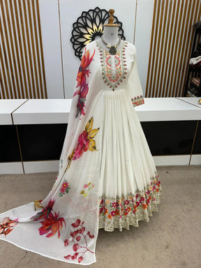 Luxurious White Chinon Silk Gown with Embroidery and Sequence