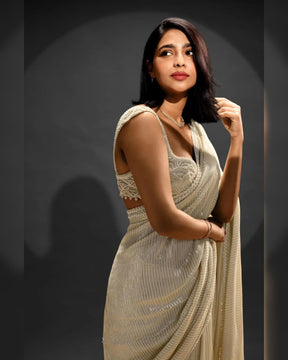 Aishwarya Lekshmi Shimmer Sequins Ivory Saree | Elegant and Dazzling Ethnic Wear