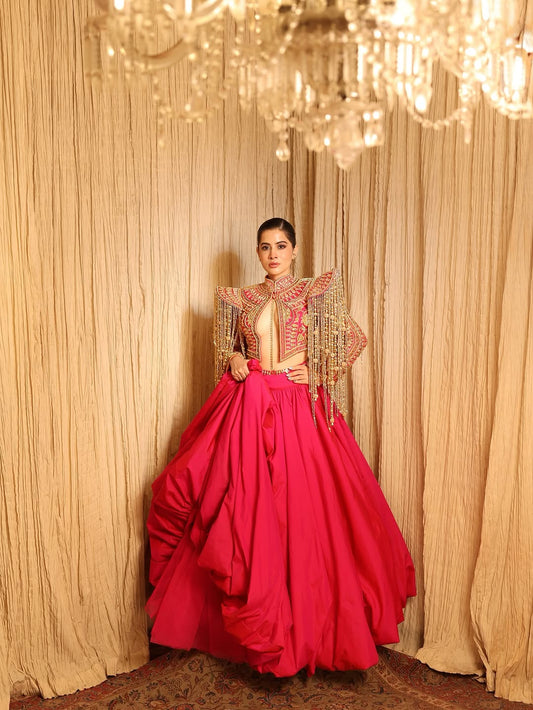 Urfi Javed Inspired Designer Red Lehenga Set with Embroidered Fringe Jacket & Bold Cut-Out Blouse