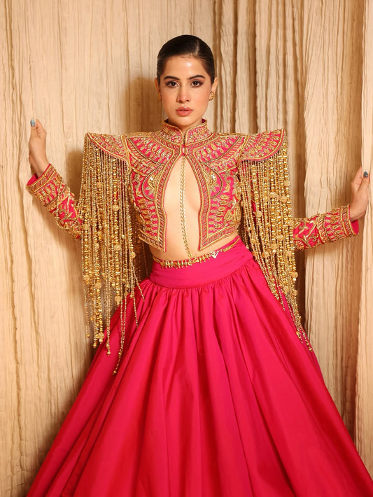 Urfi Javed inspired red lehenga set with embroidered fringe jacket and bold cut-out blouse for women