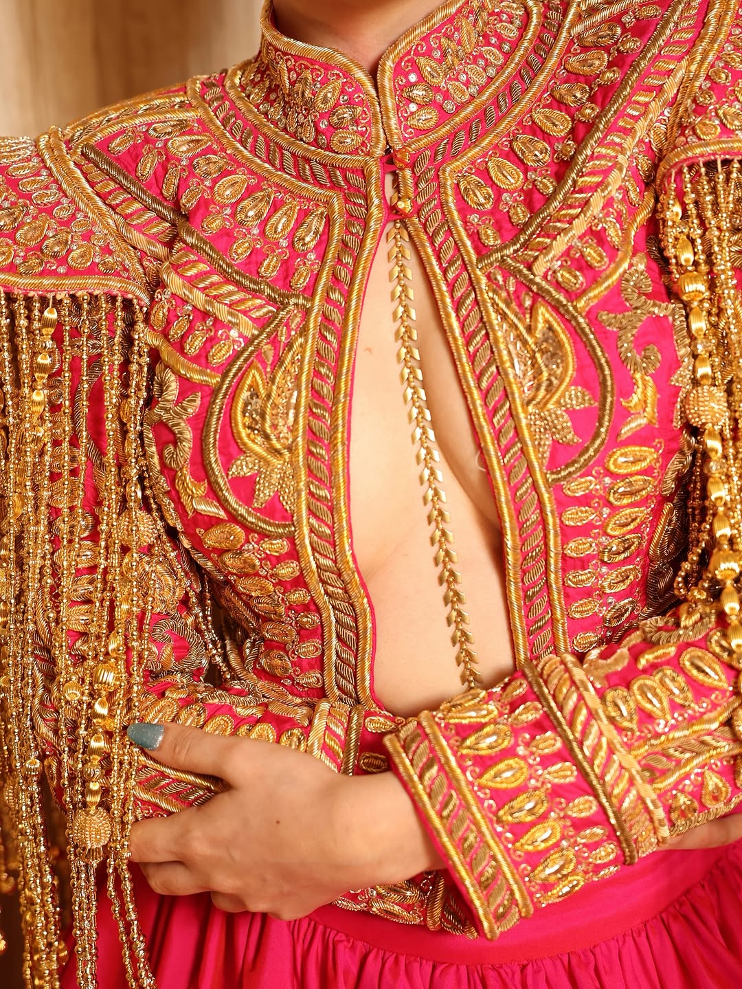 Urfi Javed Inspired Designer Red Lehenga Set with Embroidered Fringe Jacket & Bold Cut-Out Blouse