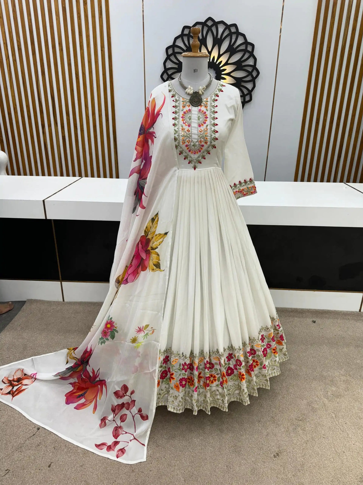 Luxurious White Chinon Silk Gown with Embroidery and Sequence