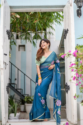 Blue Chiffon Hand painted Saree