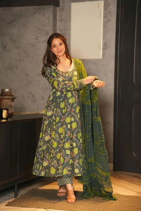 Elegant Green Silk Satin Gown with Digital Print and Sleeves