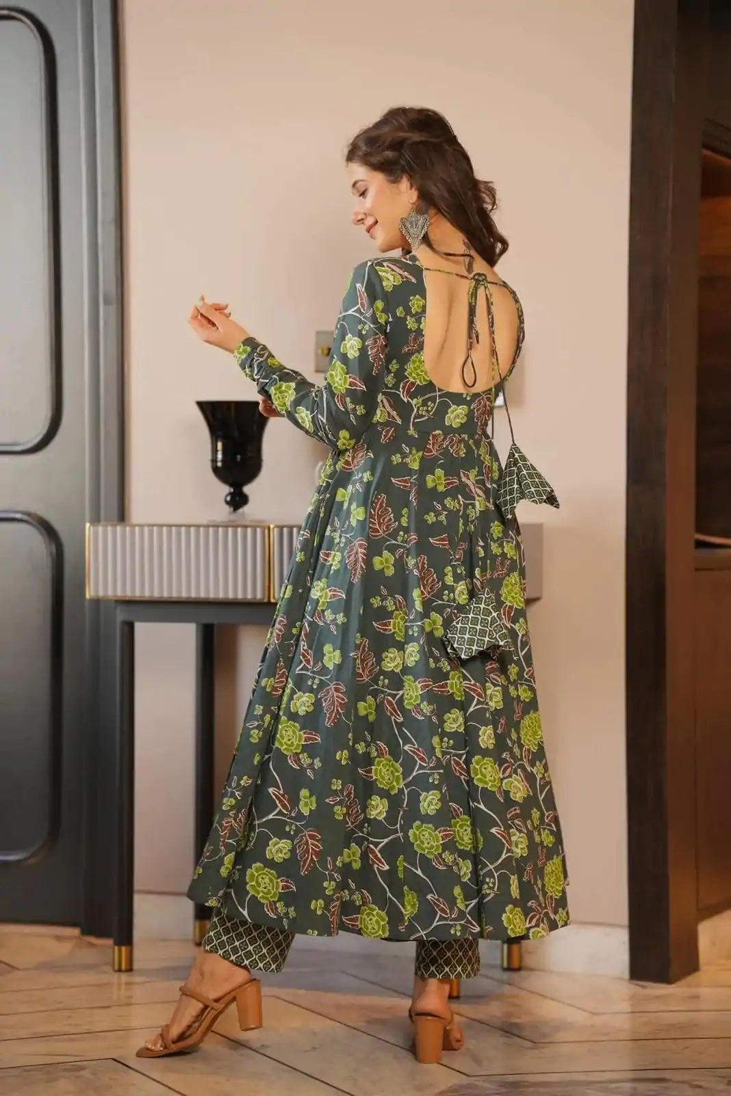 Elegant Green Silk Satin Gown with Digital Print and Sleeves