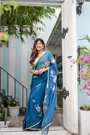 Blue Chiffon Hand painted Saree