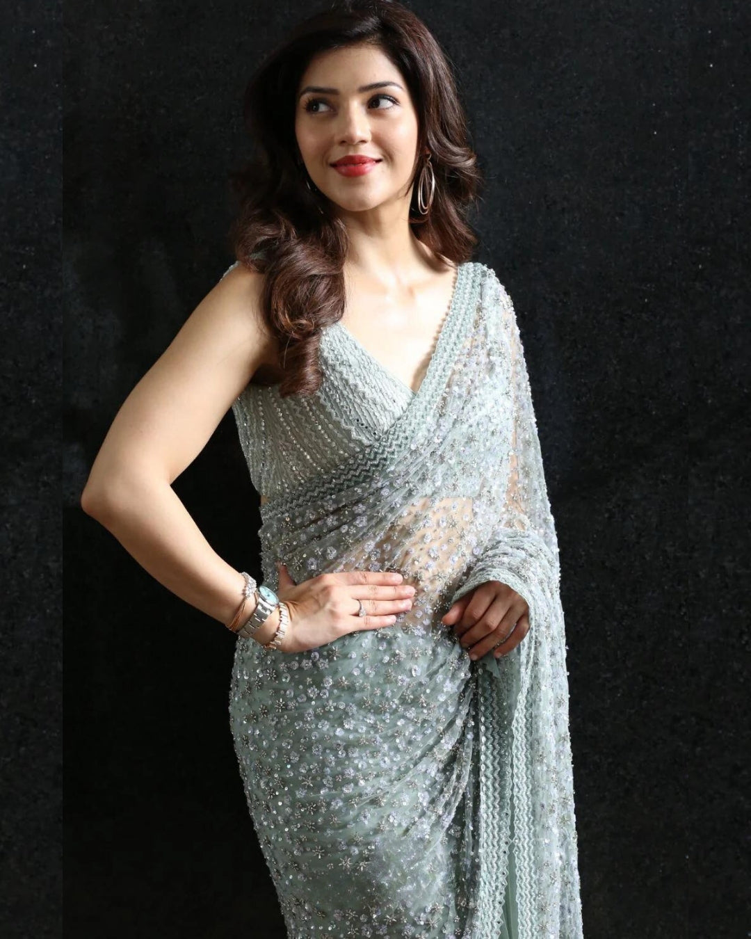 Mehreen Pirzada Sage Green Glass Bead Saree | Elegant and Glamorous Ethnic Wear