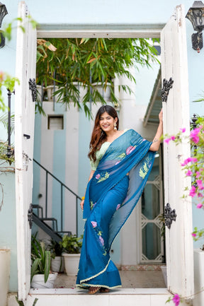 Blue Chiffon Hand painted Saree