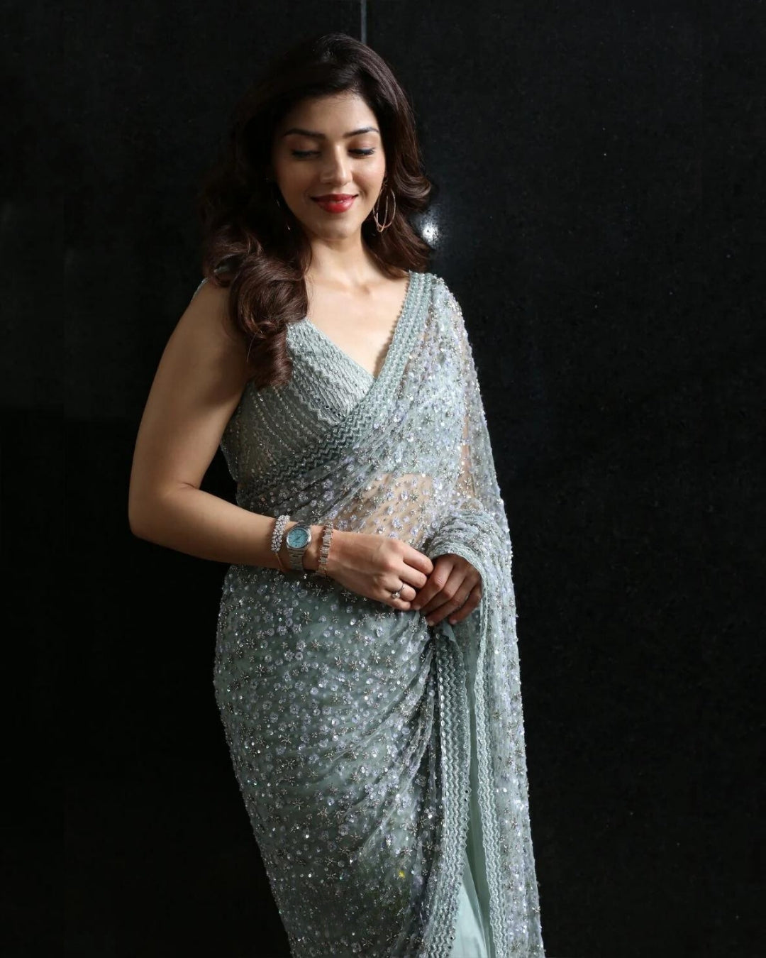 Mehreen Pirzada Sage Green Glass Bead Saree | Elegant and Glamorous Ethnic Wear