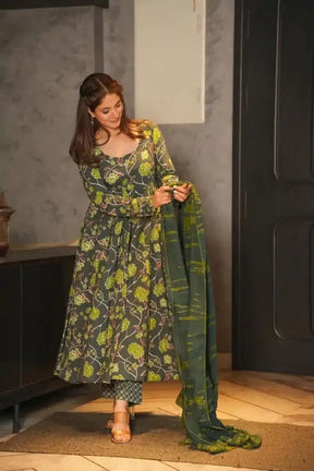 Elegant Green Silk Satin Gown with Digital Print and Sleeves