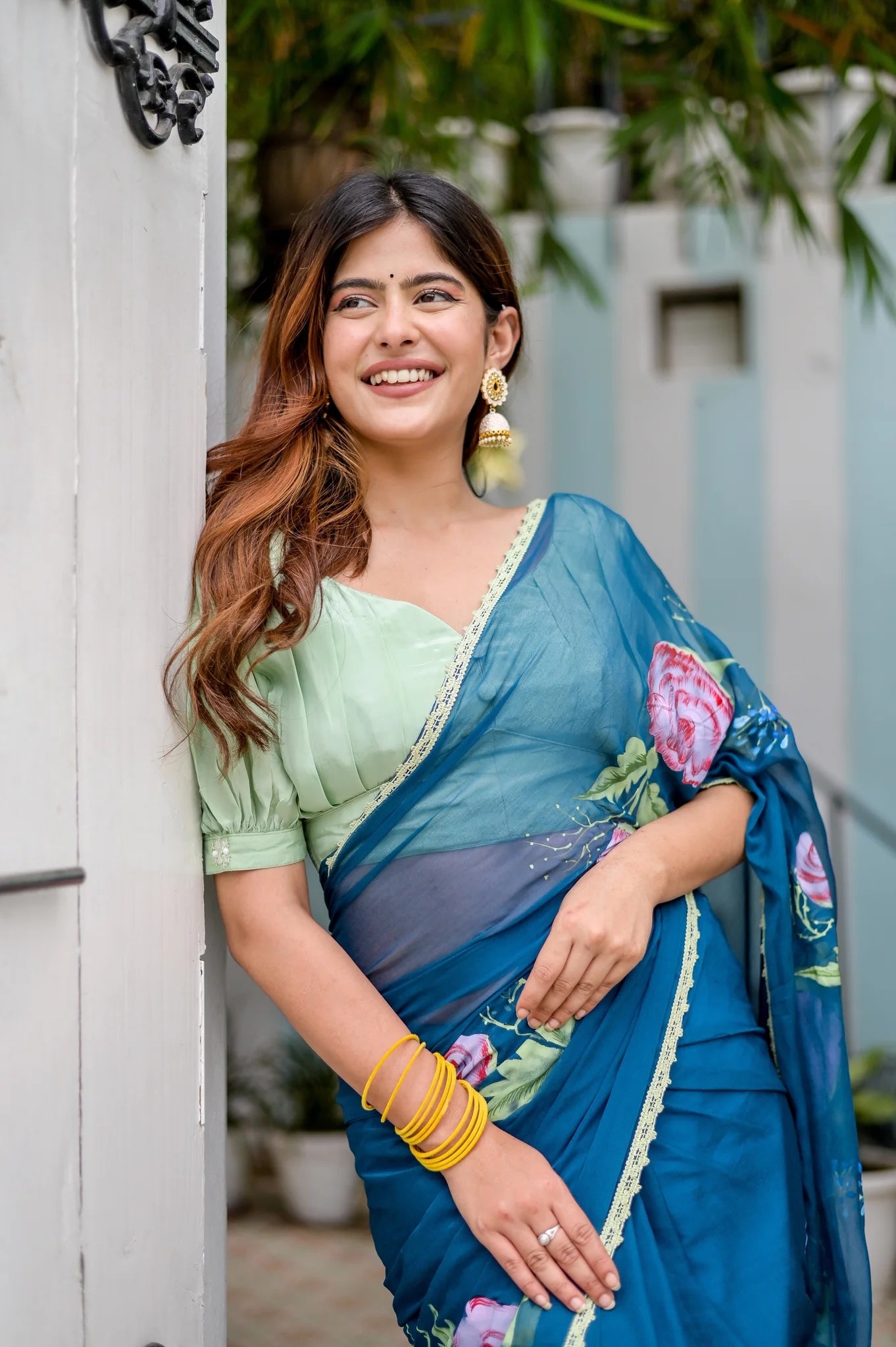 Blue Chiffon Hand painted Saree