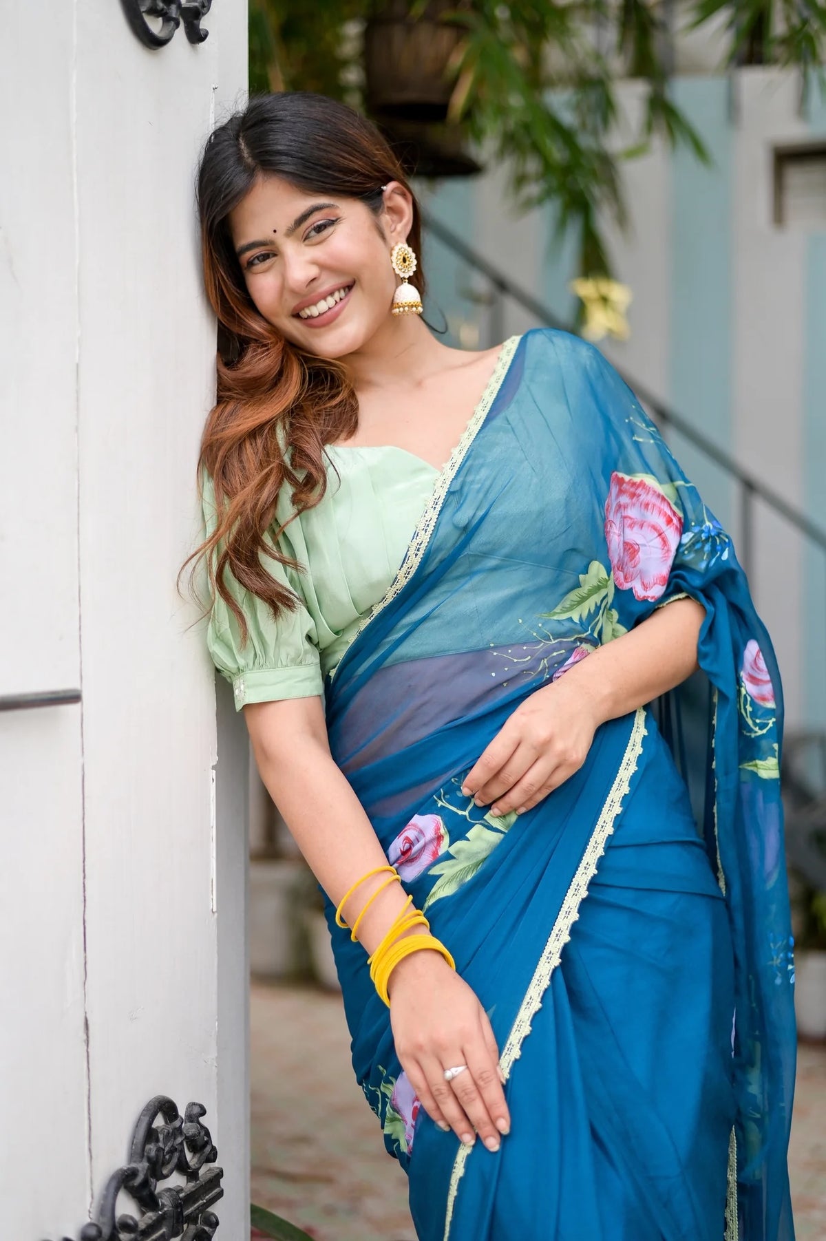 Blue Chiffon Hand painted Saree