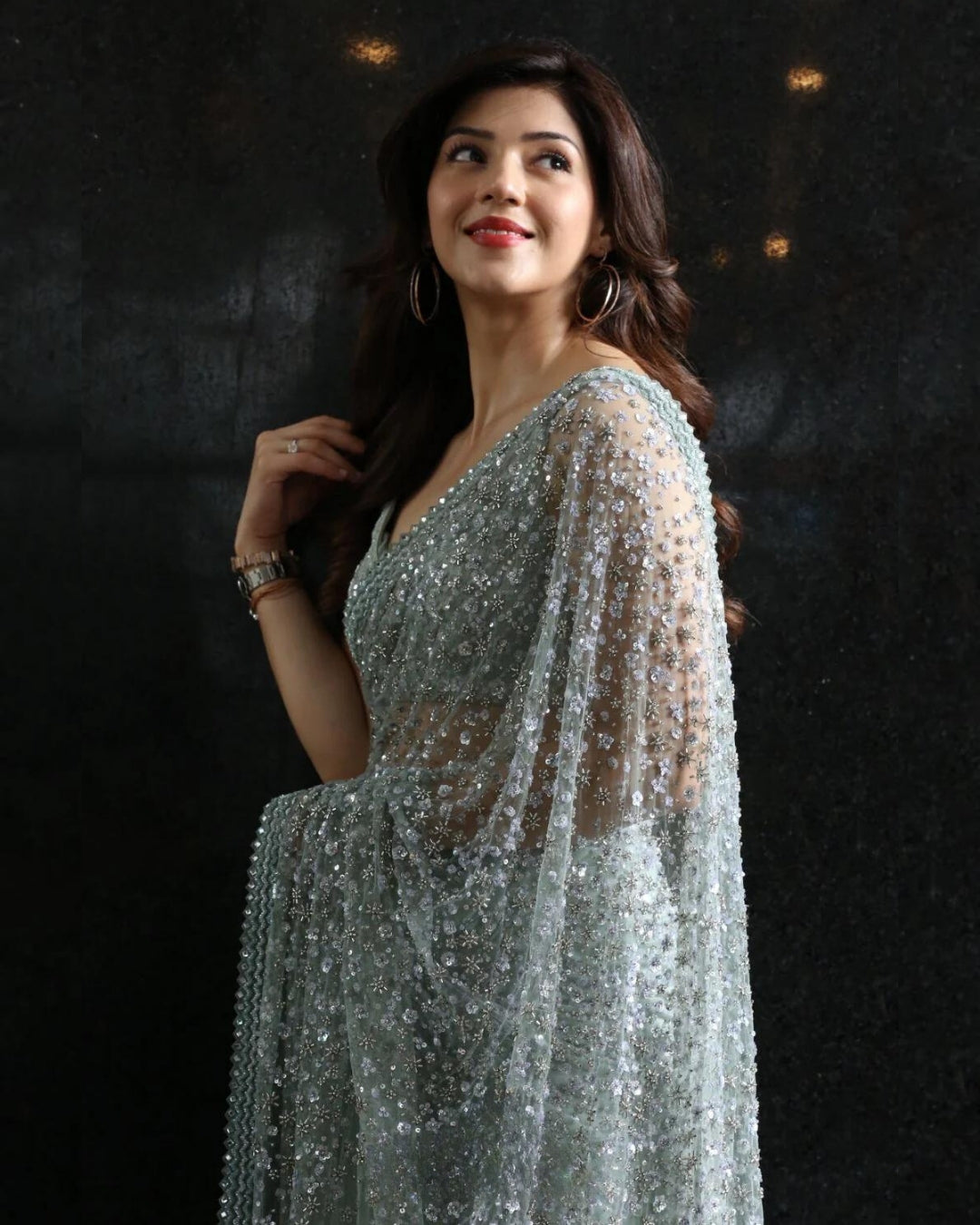 Mehreen Pirzada Sage Green Glass Bead Saree | Elegant and Glamorous Ethnic Wear