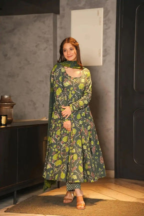 Elegant Green Silk Satin Gown with Digital Print and Sleeves