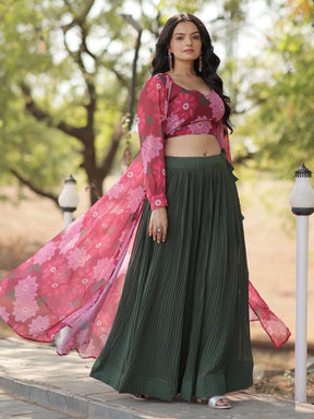 Excellent Green Georgette Festival Wear Crop Top Lehenga With Jacket