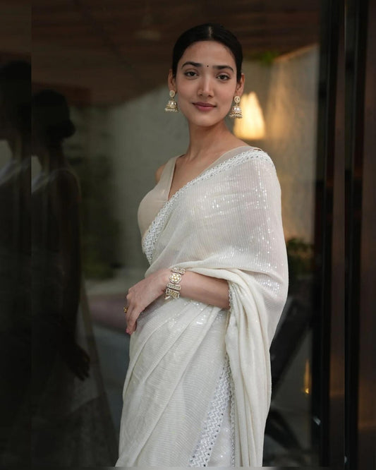 Medha Shankar Ivory Paani Sequins Chikankari Saree | Elegant and Luxurious Ethnic Wear