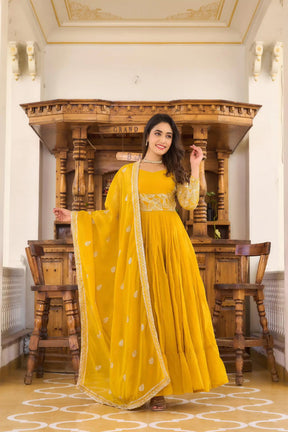 Majestic Yellow Fox Georgette Gown with Sequence Embroidery