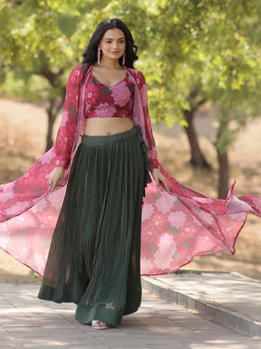 Excellent Green Georgette Festival Wear Crop Top Lehenga With Jacket