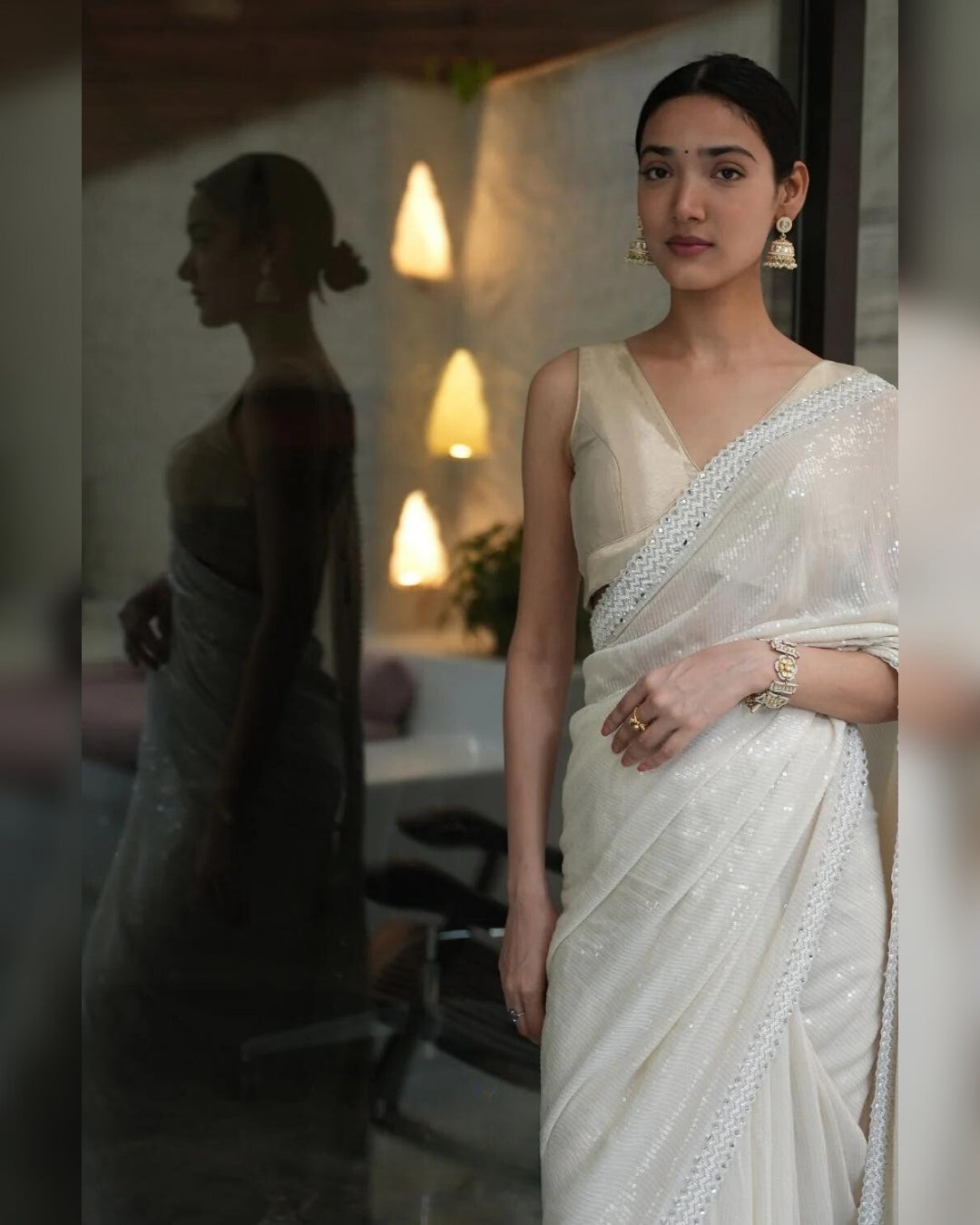 Medha Shankar Ivory Paani Sequins Chikankari Saree | Elegant and Luxurious Ethnic Wear