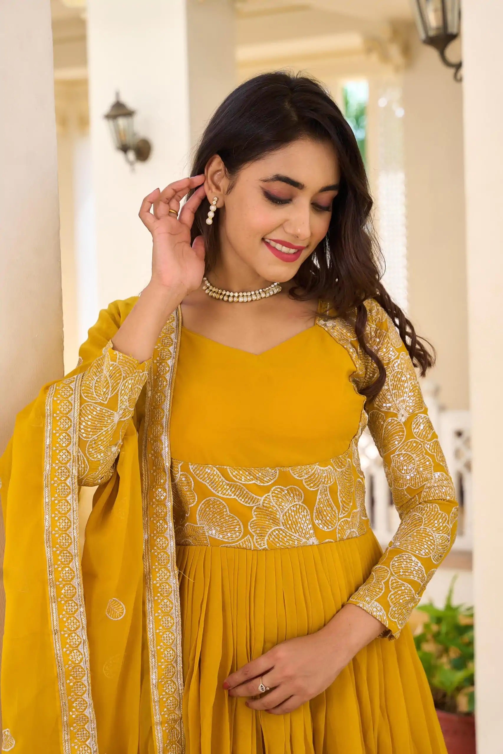 Majestic Yellow Fox Georgette Gown with Sequence Embroidery