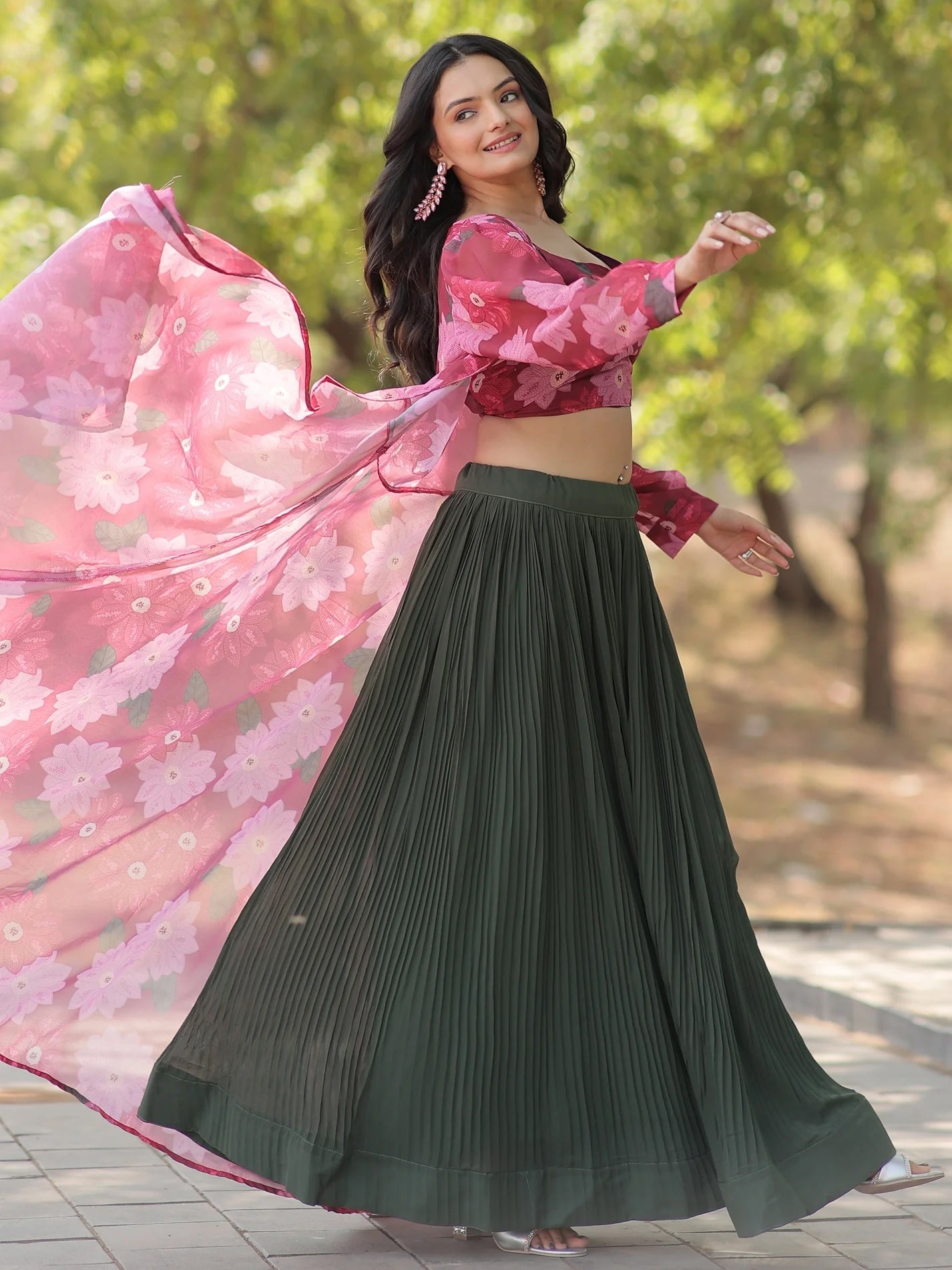 Excellent Green Georgette Festival Wear Crop Top Lehenga With Jacket