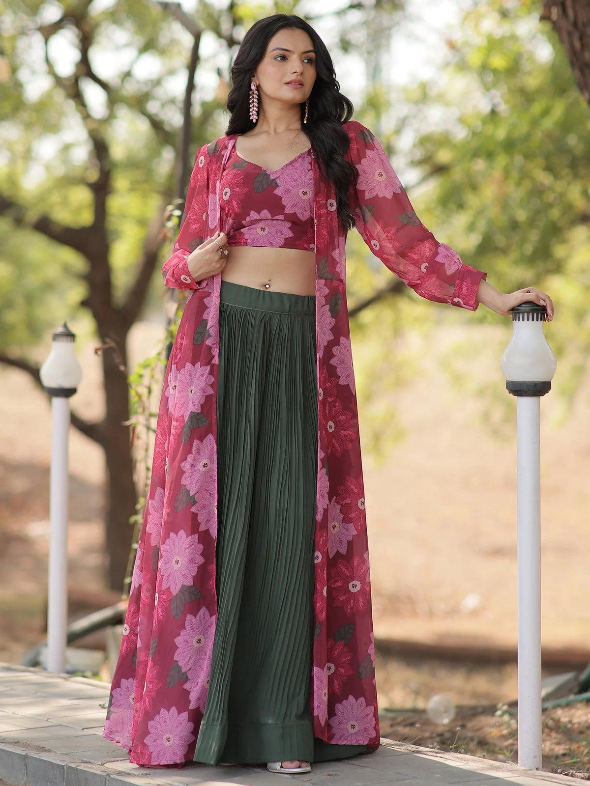 Excellent Green Georgette Festival Wear Crop Top Lehenga With Jacket