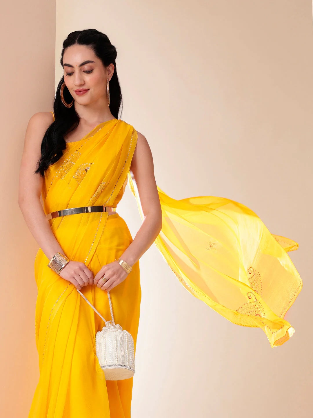 Orangish-Yellow Chiffon Saree with Sequins