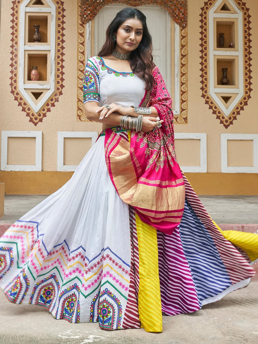 Enchanting White Digital Printed Cotton Navratri Lehenga Choli