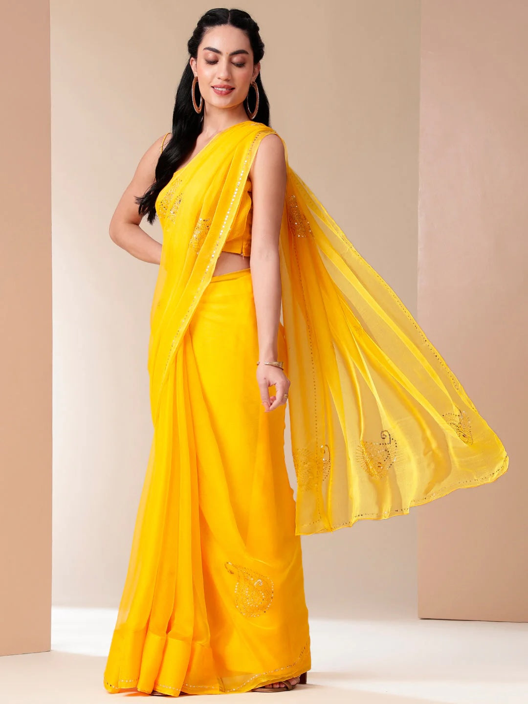 Orangish-Yellow Chiffon Saree with Sequins