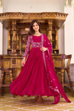 Majestic Maroon Fox Georgette Gown with Sequence Embroidery