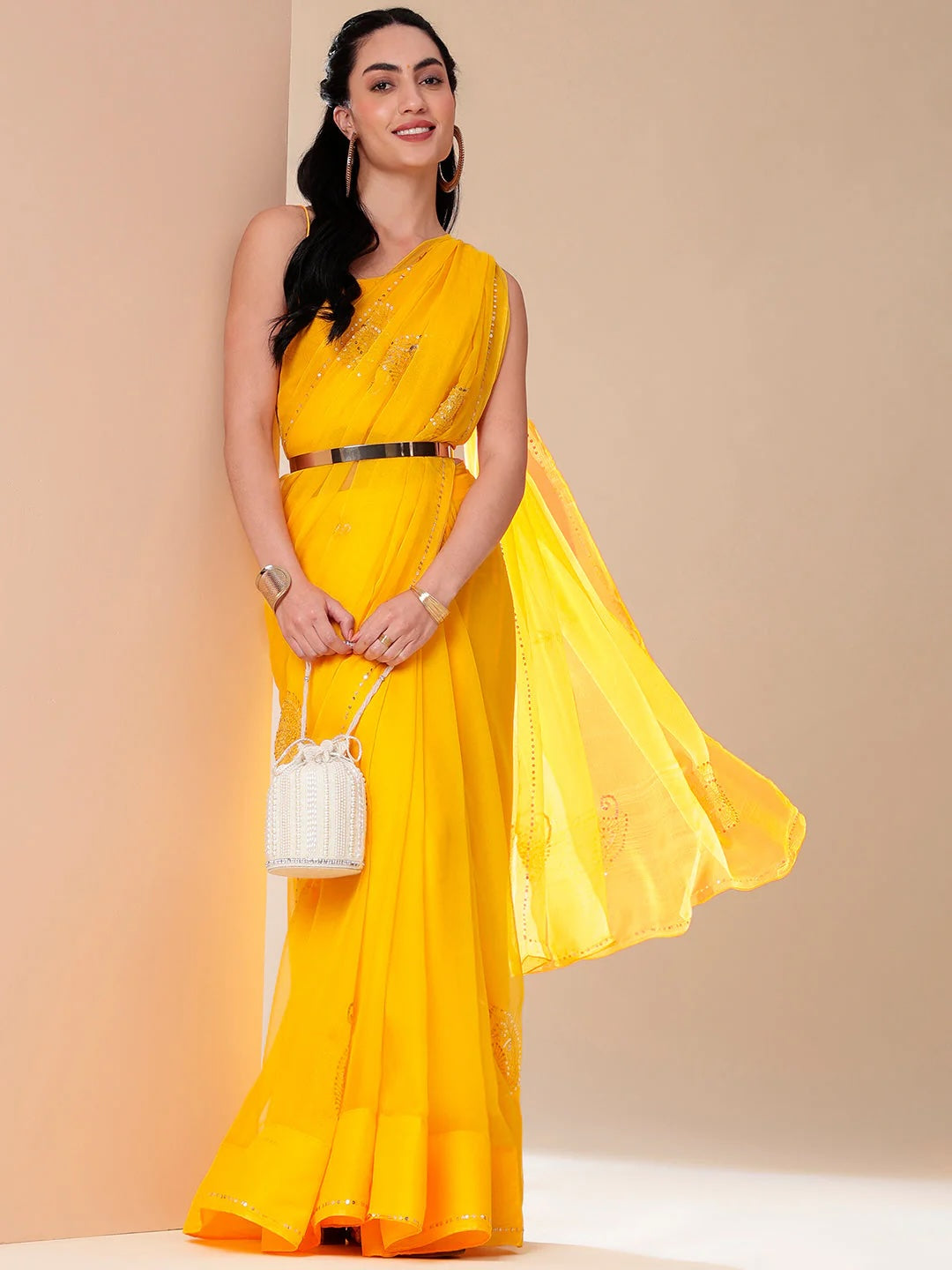 Orangish-Yellow Chiffon Saree with Sequins