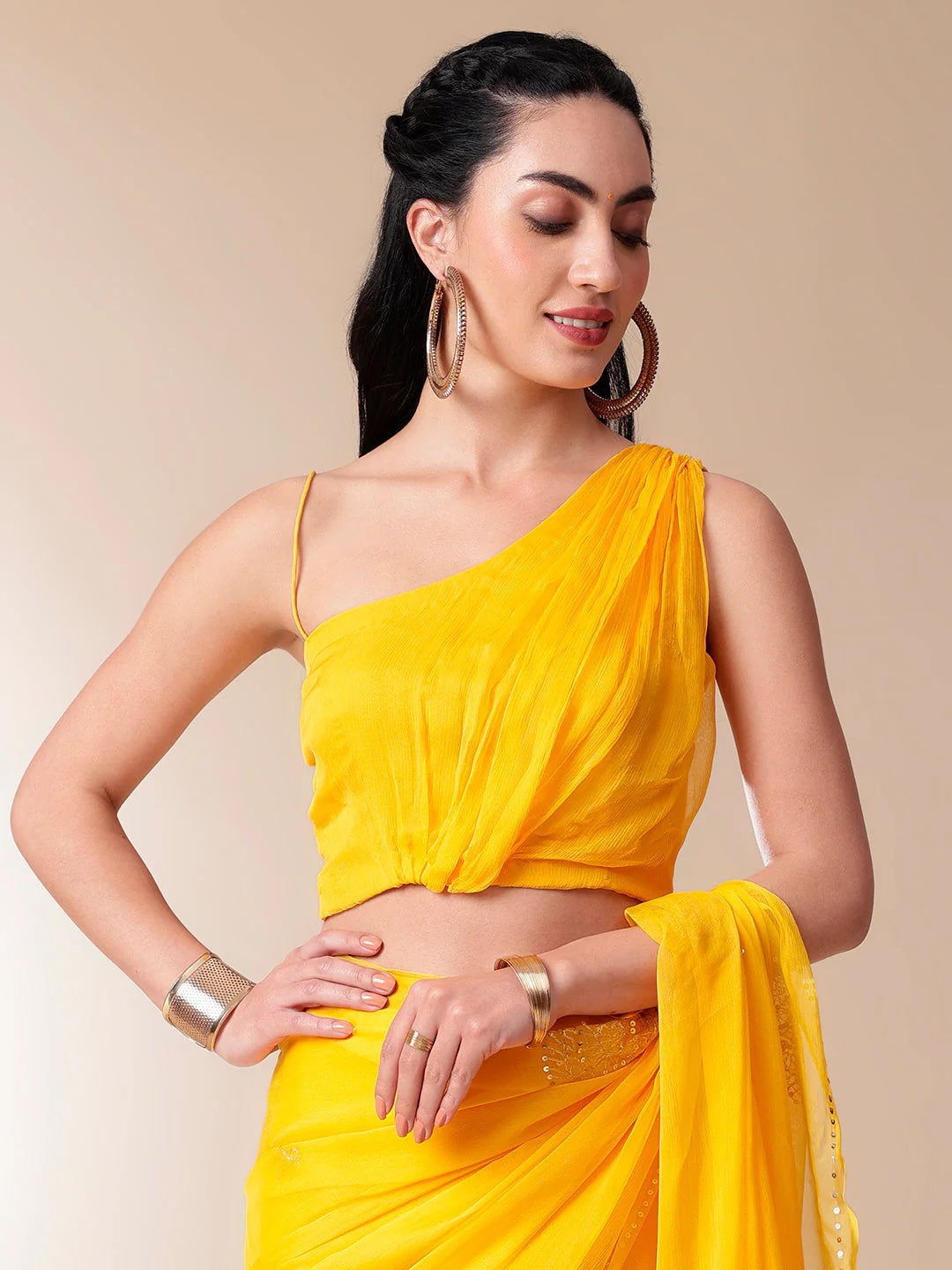 Orangish-Yellow Chiffon Saree with Sequins